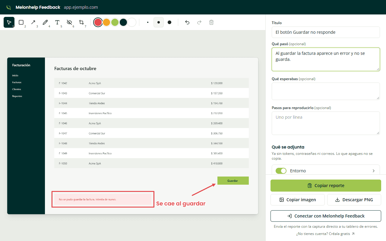Editor de la extensión con una captura anotada: un rectángulo sobre el mensaje de error, una flecha al botón Guardar y el formulario del reporte