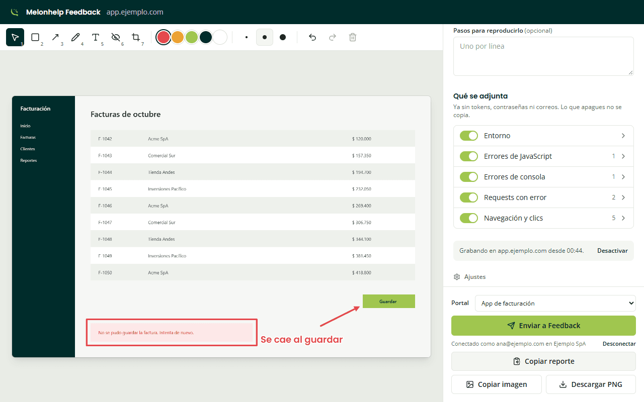 Editor de la extensión conectado a Melonhelp Feedback, con el portal elegido y el botón Enviar a Feedback