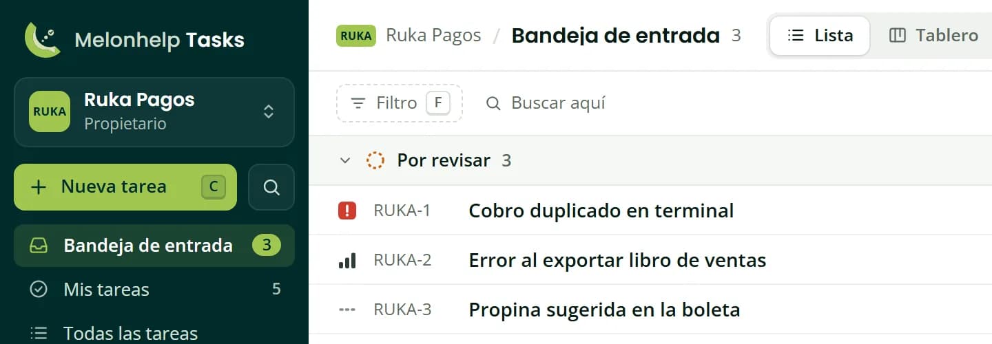 Bandeja de entrada de Melonhelp Tasks con tres tareas Por revisar: RUKA-1, RUKA-2 y RUKA-3
