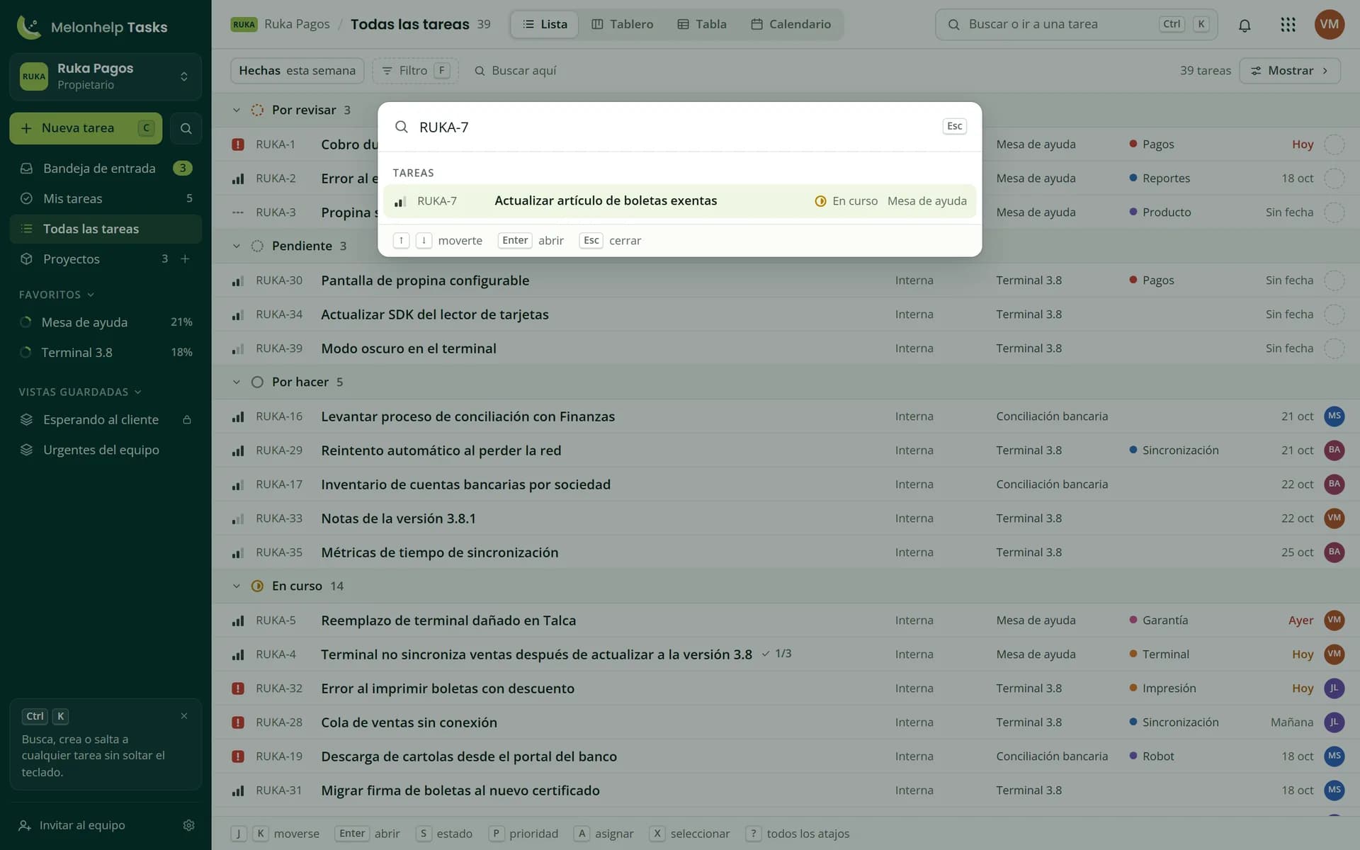 Melonhelp Tasks con el menú Ctrl K abierto: se escribió RUKA-7 y aparece la tarea Actualizar artículo de boletas exentas, sobre la lista de tareas del espacio de ejemplo Ruka Pagos