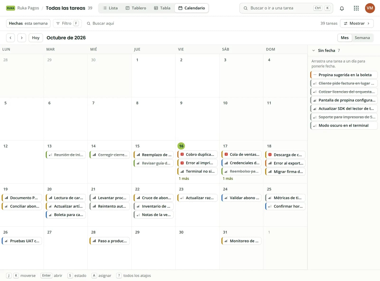 Vista Calendario de Melonhelp Tasks con las tareas de octubre de 2026 por día de vencimiento y las tareas sin fecha al costado