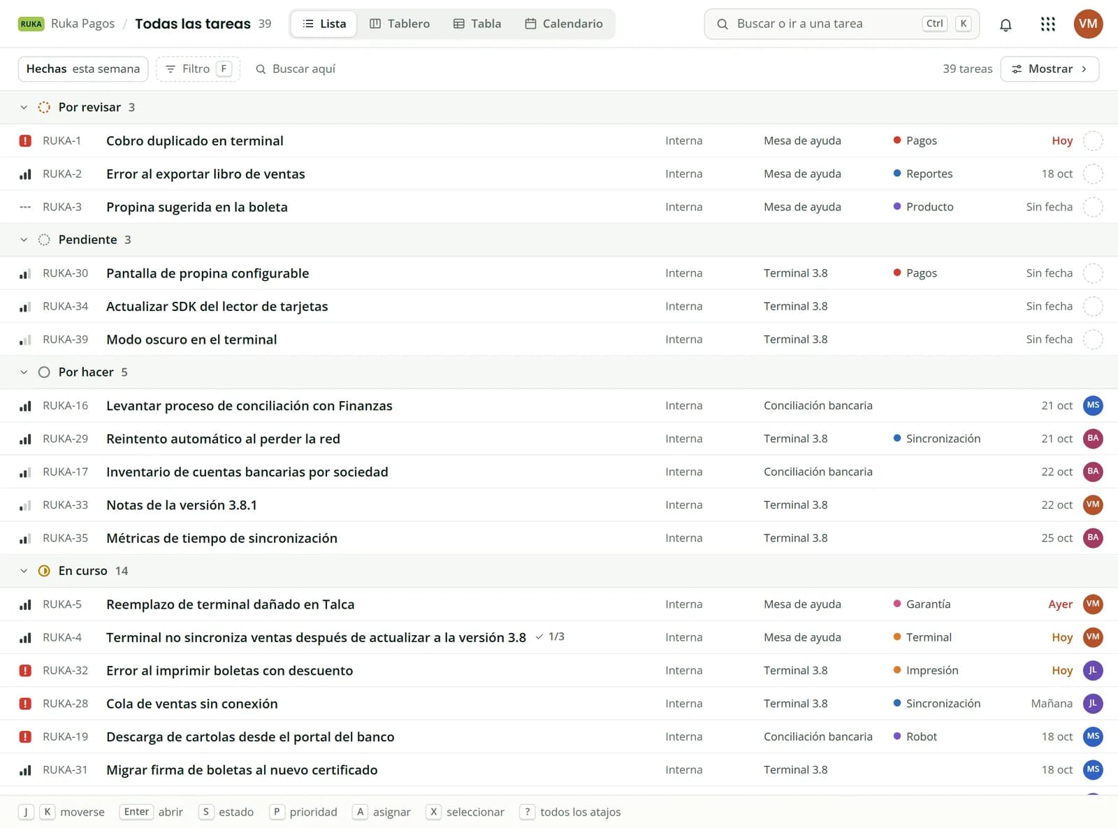 Vista Lista de Melonhelp Tasks con las tareas agrupadas por estado: Por revisar, Pendiente, Por hacer y En curso