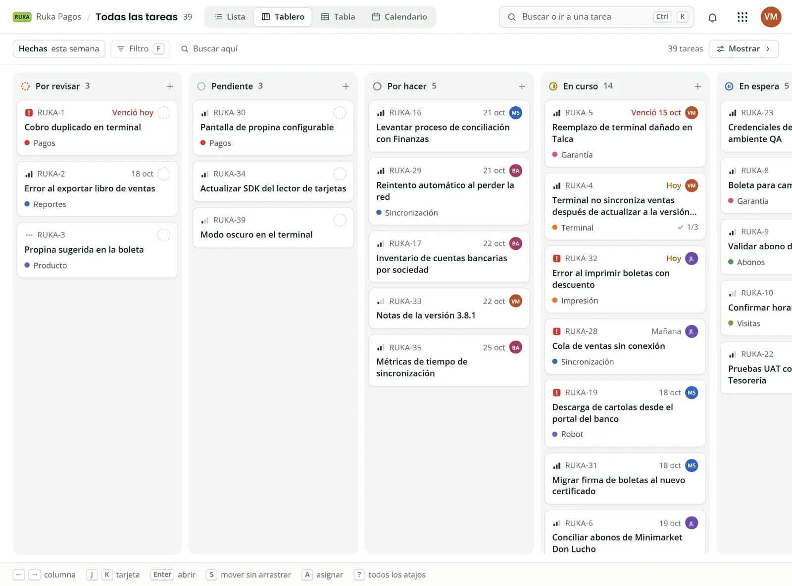 Vista Tablero de Melonhelp Tasks con columnas Por revisar, Pendiente, Por hacer, En curso y En espera