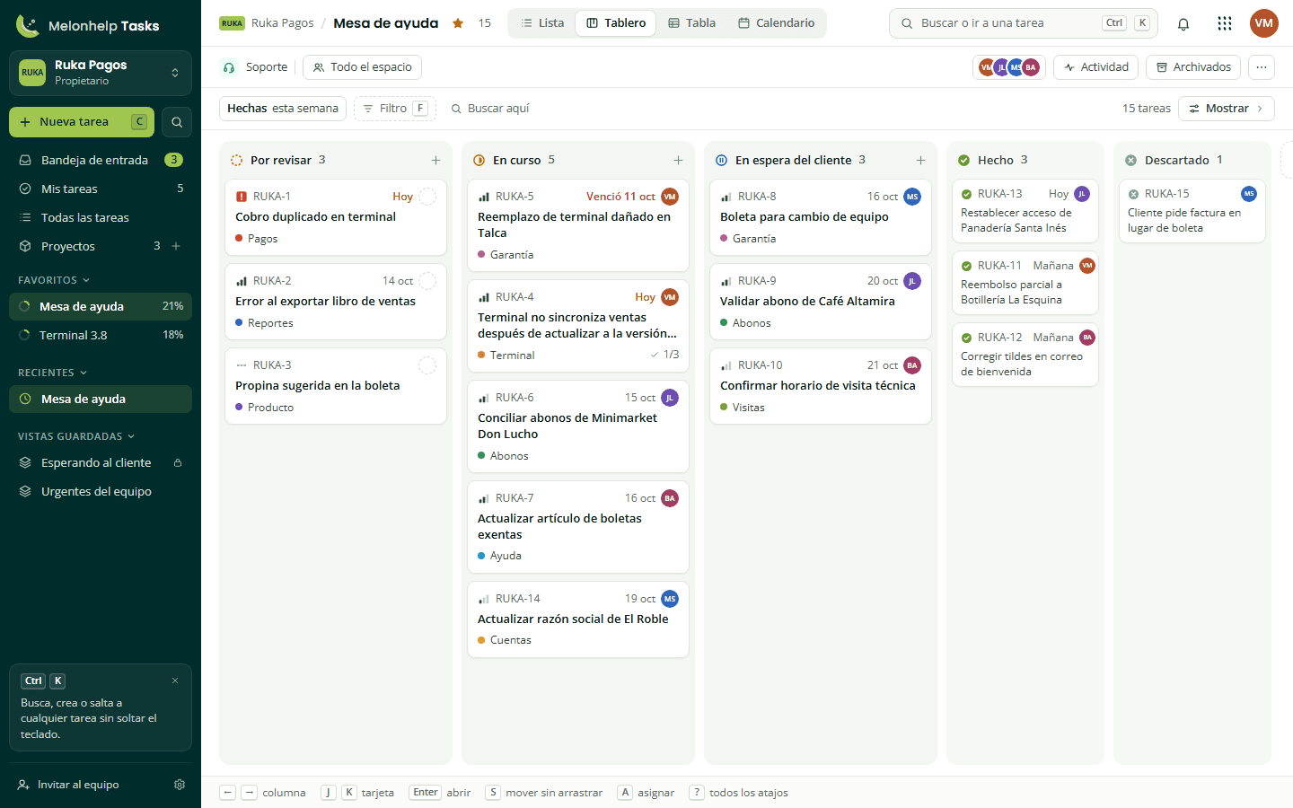 Vista Tablero de un proyecto de soporte en Melonhelp Tasks, con columnas por estado y tareas con identificador, prioridad, vencimiento y responsable